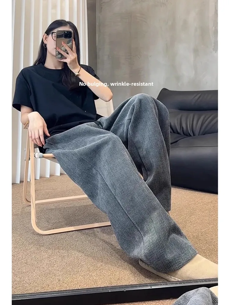 

ey Textured Wide Leg Casual Pants Men's Loose Fit Autumn Winter Straight Tube Trousers American High Street Sle