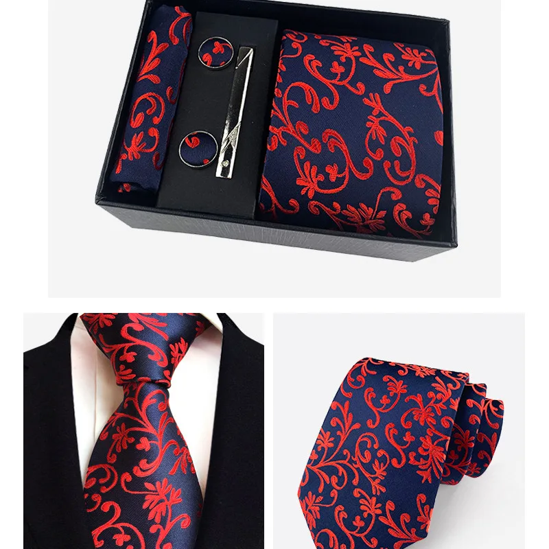 HUISHI Luxury Tie Set For Men Gift Black Box Fashion Paisley Necktie Handkerchief Cufflinks Clip Set Solid Dark Blue Neck Ties