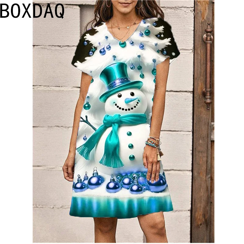 New Women\'s Christmas Dress 3D Cartoon Fun Snowman Print Mini Dress Short Sleeve V-Neck Casual A-Line Dress Vestidos