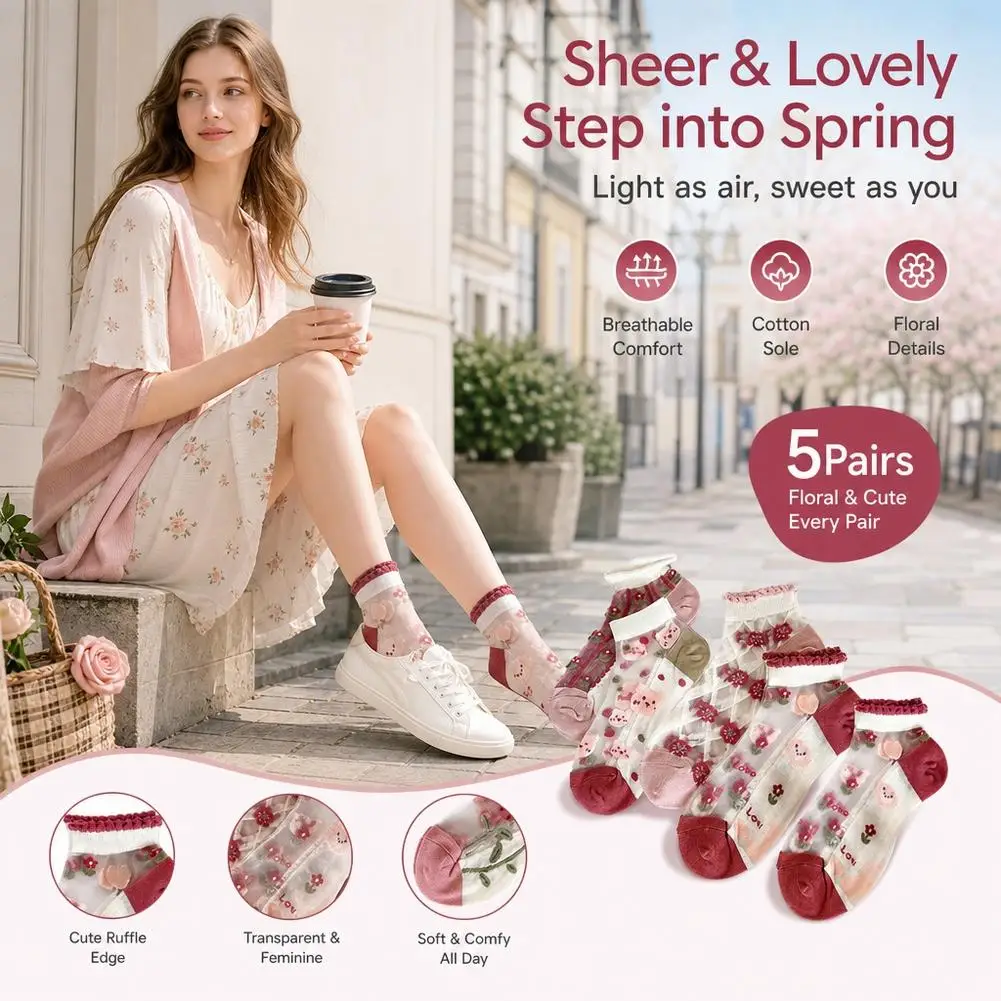 5Pairs Women Sheer Socks Thin Transparent Glass Silk Crystal Ankle Low Cut Breathable Cotton Bottom Cute Embroidery Meias