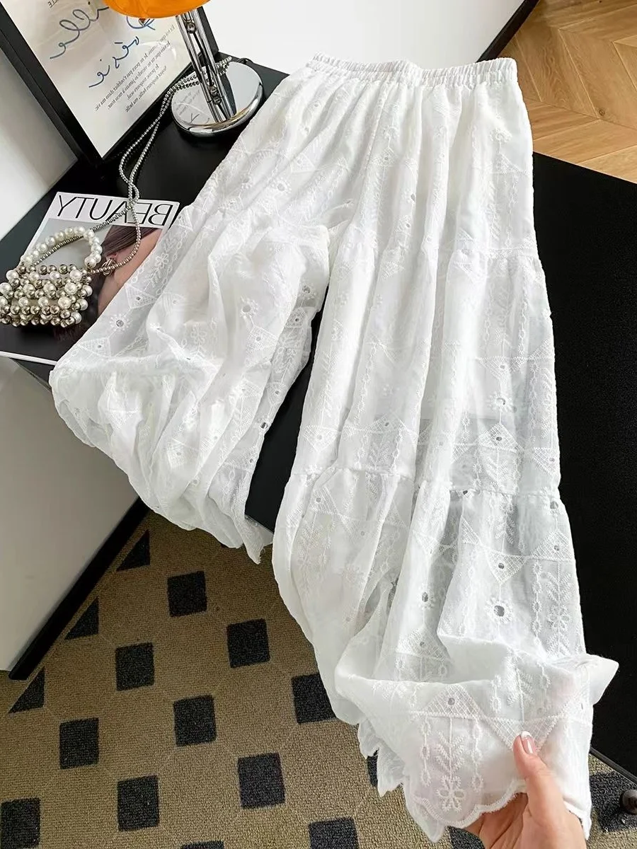 

Heavy Embroidery Hollow Lace Wide Leg Pants Loose Straight Casual Trousers Skirts High Waist Commute Style Summer Collection