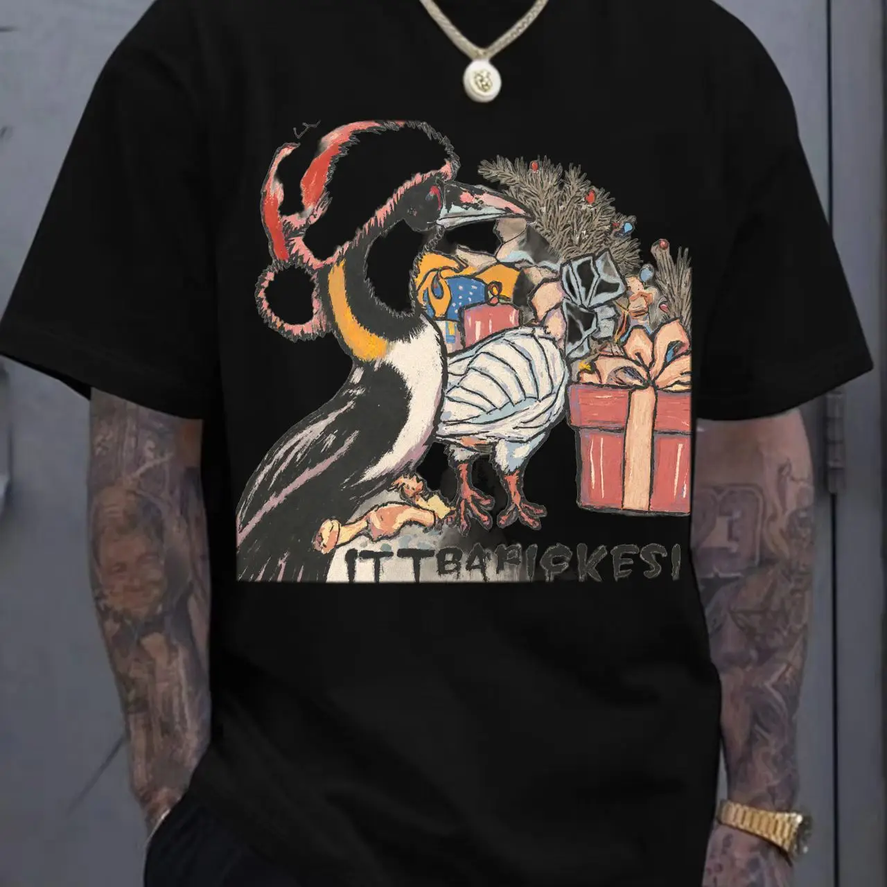 

Whimsical Christmas Cartoon Bird Santa Hat & Gift Printed White T - Shirt, Stylized Bird Interacting with White Bird Holding Chr