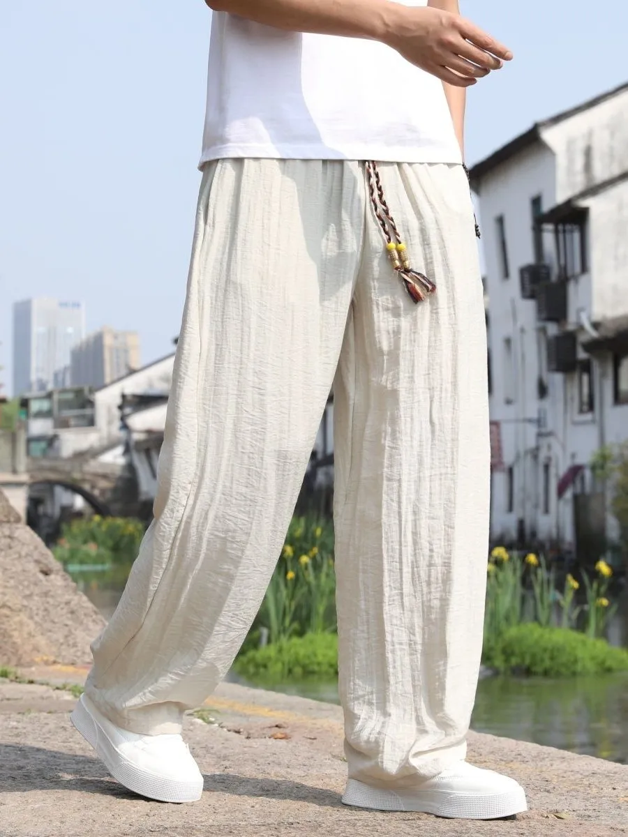 Men's Linen Wide Leg Pants Draped Breathable Cotton Linen Summer Large Size Loose Straight Casual Pants Style Male Clothing