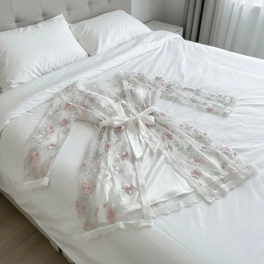 Thin Lace Women's Pajama Dress Embroidered Mesh Transparent Ice Silk Suspender Nightdress Flowers Sleeveless