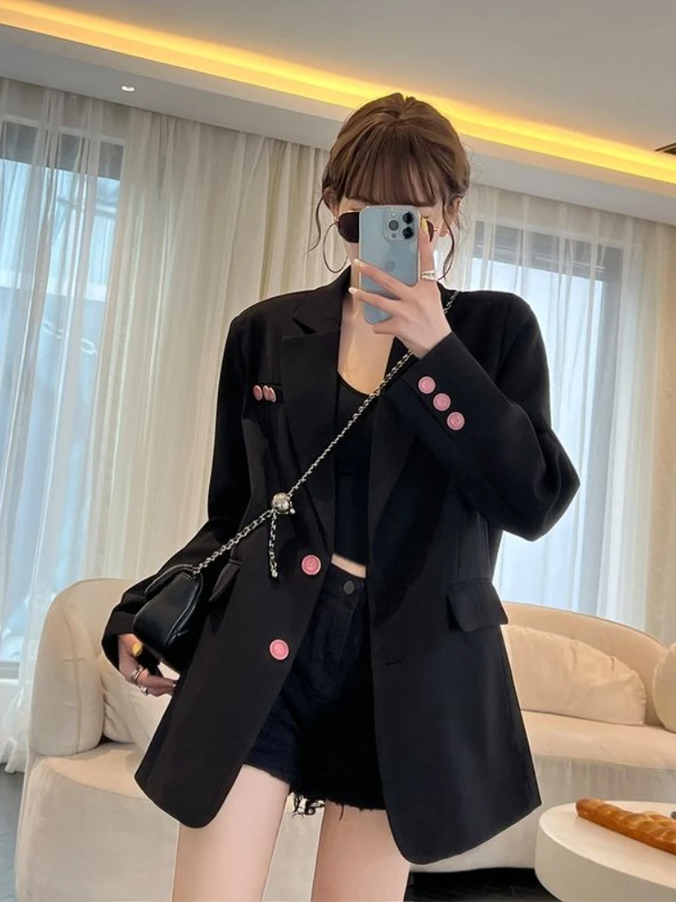 

Korean Style Women's Spring Fall Blazer Relaxed Casual Creative Design Premium Soft Fabric Youthful Elegant Pretty Black Jacket