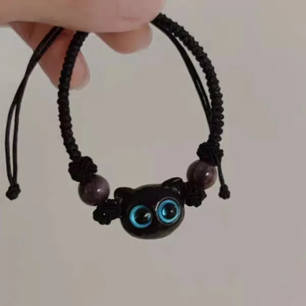 Pulseira de gato preto para homens e mulheres, Harajuku Animal engraçado dos desenhos animados, corda trançada, par pulseiras, presente da jóia da amizade, bonito