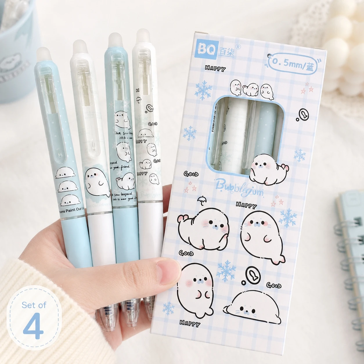 4 pcs/set Kawaii Seal Erasable Gel Pen 0.5mm Blue Black Ink Quick Dry Smooth Retractable Writing Pens School Office Stationery
