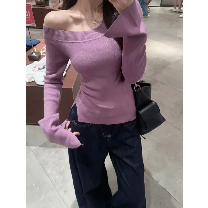 Coreano solido collo inclinato sexy spalle scoperte pullover lavorato a maglia con spacco da donna Top primavera autunno moda versatile maglione sottile sottile