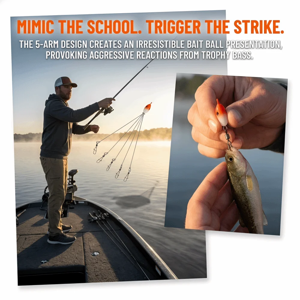 

Набор из 5 штук: оснастка для рыбалки Alabama Umbrella Rig с 5 крючками, из нержавеющей стали, с вертлюгами-защелками, приманки-зонтики, 20,5 см, для ловли баса