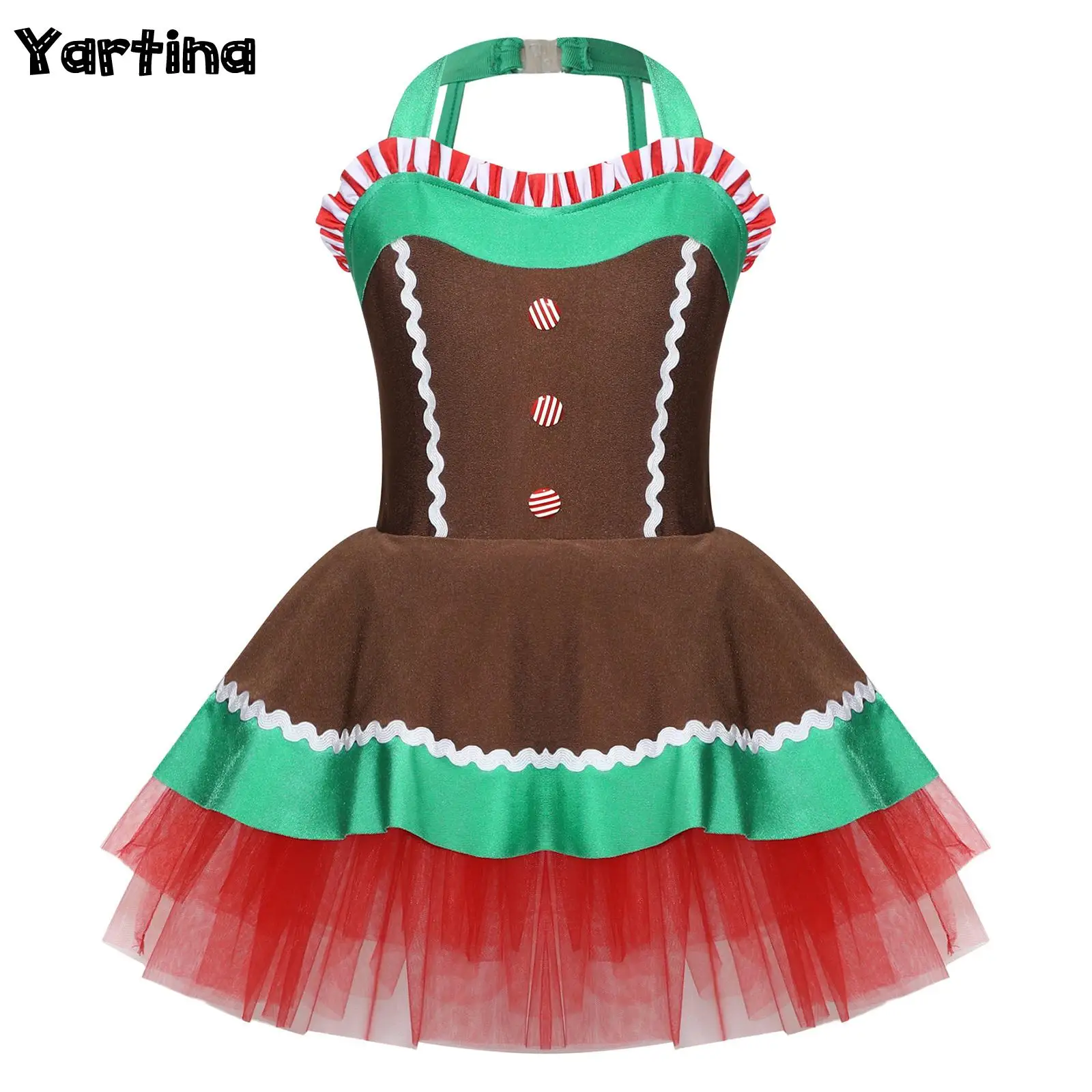 

Kids Girls Gingerbread Man New Year Xmas Santa Claus Dress Figure Skating Dance Costume Striped Bowknot Apron Ballet Tutu Dress