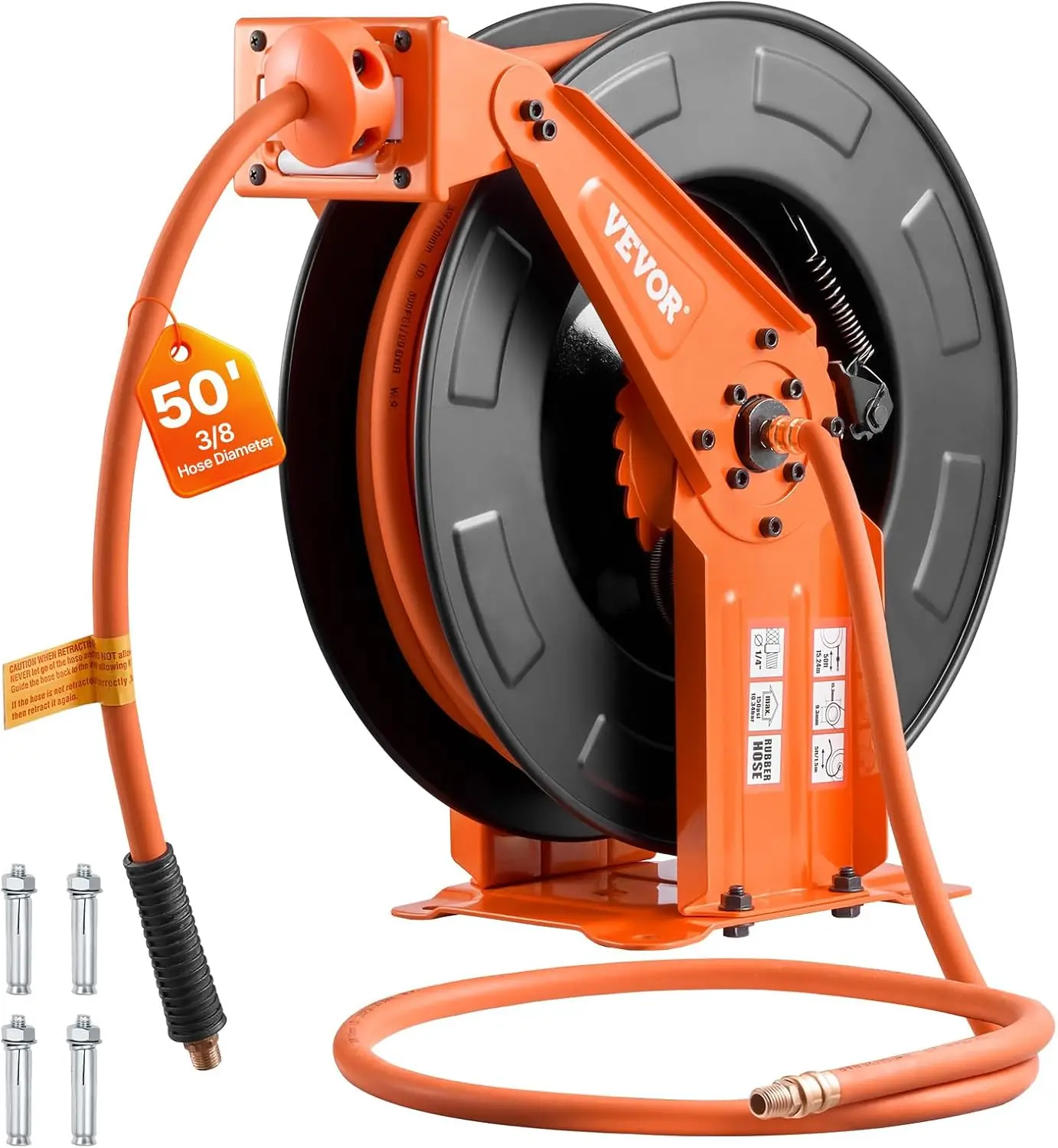 Retractable Air Hose Reel, 3/8 Inch x 50 FT Rubber Air Hose Max 300PSI, Auto Rewind Air-Compressor Hoses Reel with 5 ft Lead in,