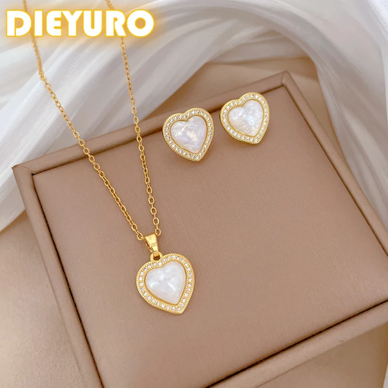 

DIEYURO 316L Stainless Steel Steell Heart-Shaped Pearl Zircon Pendant Necklace Earrings Set Women New Trend Elegant Jewelry Gift