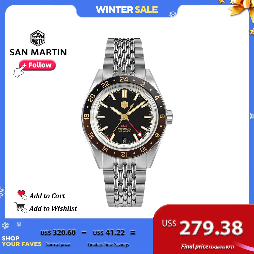 Reloj San Martin diseño 39,5mm NH34 lujo GMT aluminio bisel relojes mecánicos automáticos para hombre zafiro 100m luminoso SN0116