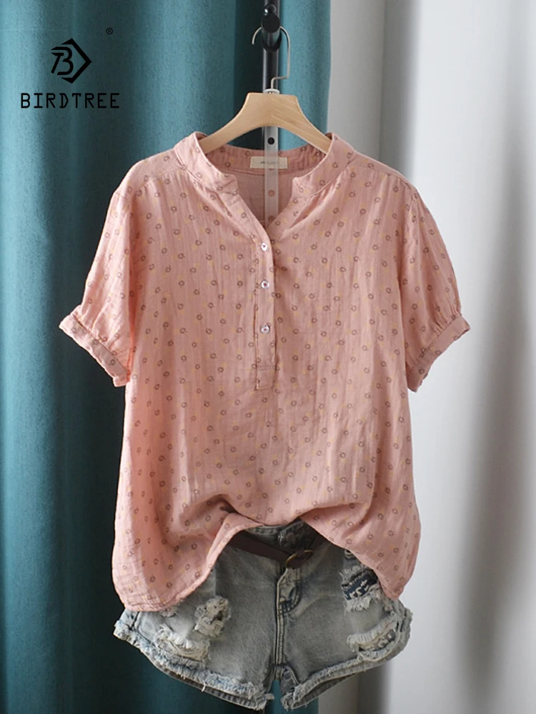 

New Summer Cotton Yarn Short Sleeve Shirt V Neck Printed Tops Girl Casual Loose Versatile Commute Blouse 2024 Autumn T471135QC