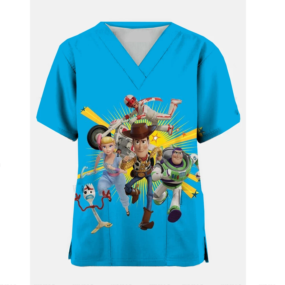 Toy Story 4 Clinic Hospital Nurse Workwear 3D Printing T-shirt Women's V-neck Pocket Medical Clothing Nursing Top Work