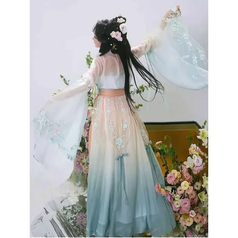 Disfraz tradicional Vintage Hanfu, vestido Hanfu azul degradado, vestido de fiesta de cumpleaños de talla grande