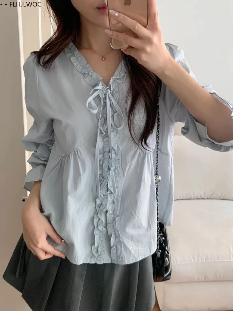 Hot New Chic Korea Cute Doll Shirt Design Women Sweet Japan Girls Sweet Vintage Retro White Ruffled Lace Bow Tie Tops Blouses