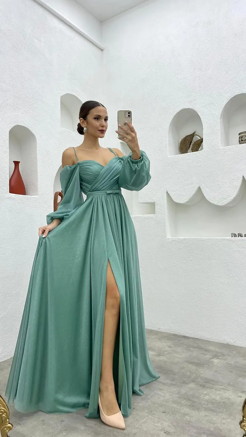 

Women's Long Sleeve Bridesmaid Dress Tulle Dress Spaghetti Strap Wedding Guest Gown with Split and Pockets Ruched Formal Dress