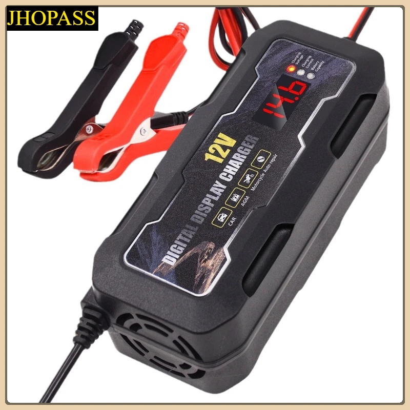 HD 12V 6AスマートLCDディスプレイ搭載鉛蓄電池充電器、バイク、電動自転車、スクーター、車用、AC110V-220V対応、EU、AU、US、UKプラグ付き