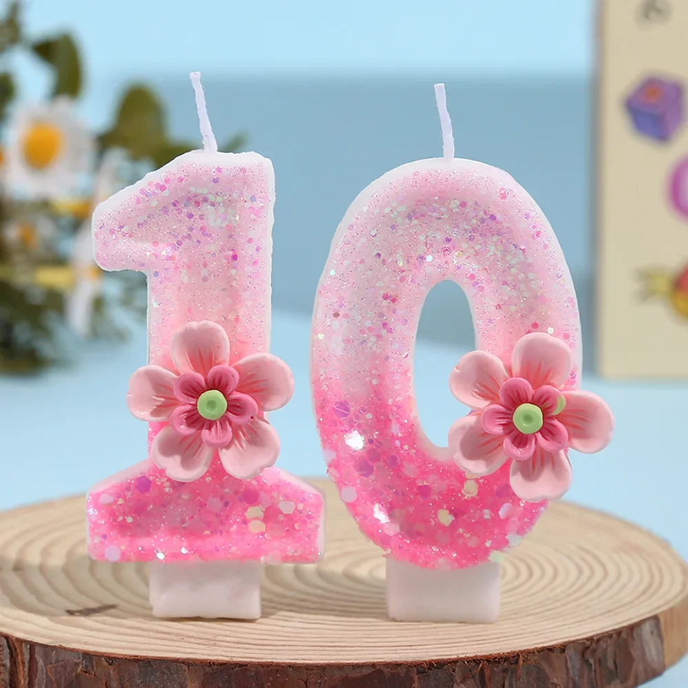 Pure Handmade DIY 0-9 Number Birthday Candles Gradient Pink Five-petaled Flowers Digital Candles with Sequins