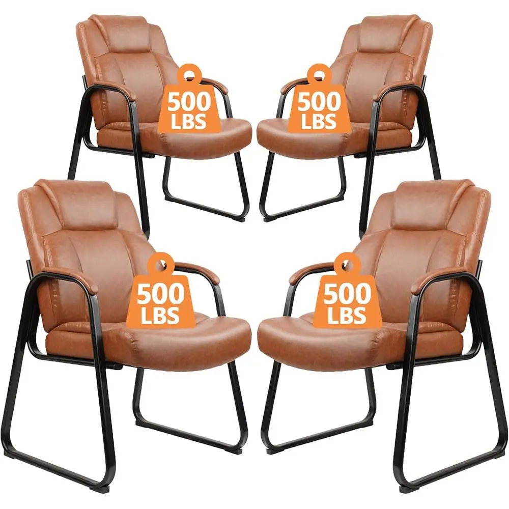 

Set of 4 Big & Tall 500lb Capacity PU Leather Office Chairs, Sled Base, No Wheels, Brown, Suitable for Waiting Rooms, Conference