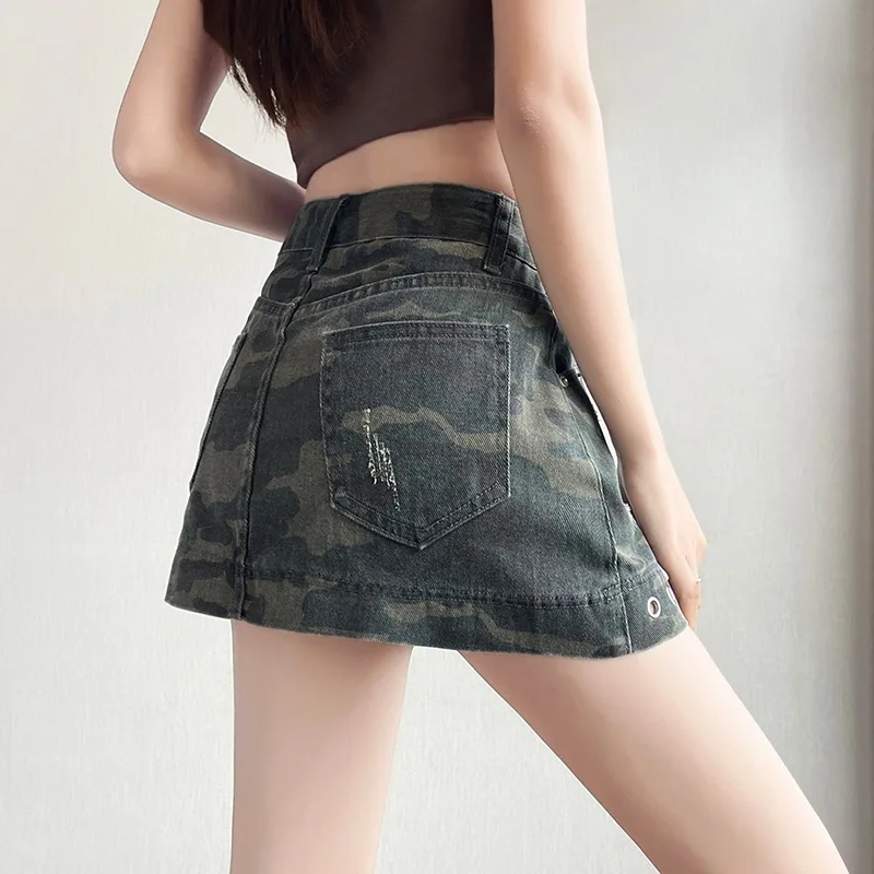American Style Camouflage Denim Skirts Women's High Street Retro Ripped Hole A-Line Mini Skirt Summer Spicy Girls Fashion Skirts