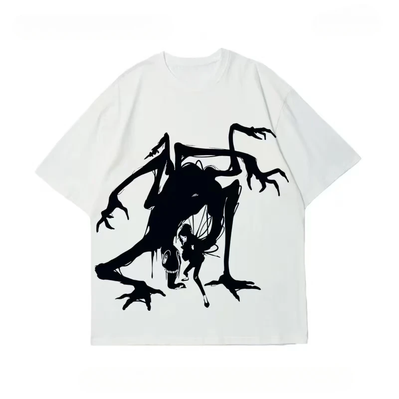 

Белая свободная футболка средней длины с рисунком монстра для девочек, мужская корейская версия, модная брендовая летняя хлопковая футболка с короткими рукавами в тон