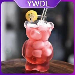 YWDL 1/2pcs Cartoon Bear Shaped Glass Cup With Straw 300ml Transparent Juice Cocktail Glass Cup Restaurant Home Coffee Milk Cup