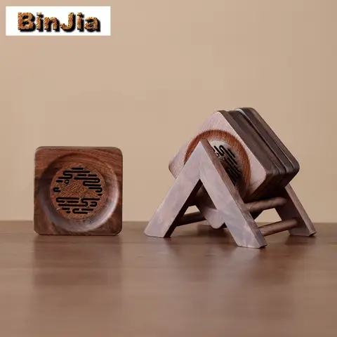 Posavasos cuadrados huecos tallados de madera de nogal, plato de taza antigua para tazas de café, platillo, manteles individuales con aislamiento térmico, portavasos, juego de té
