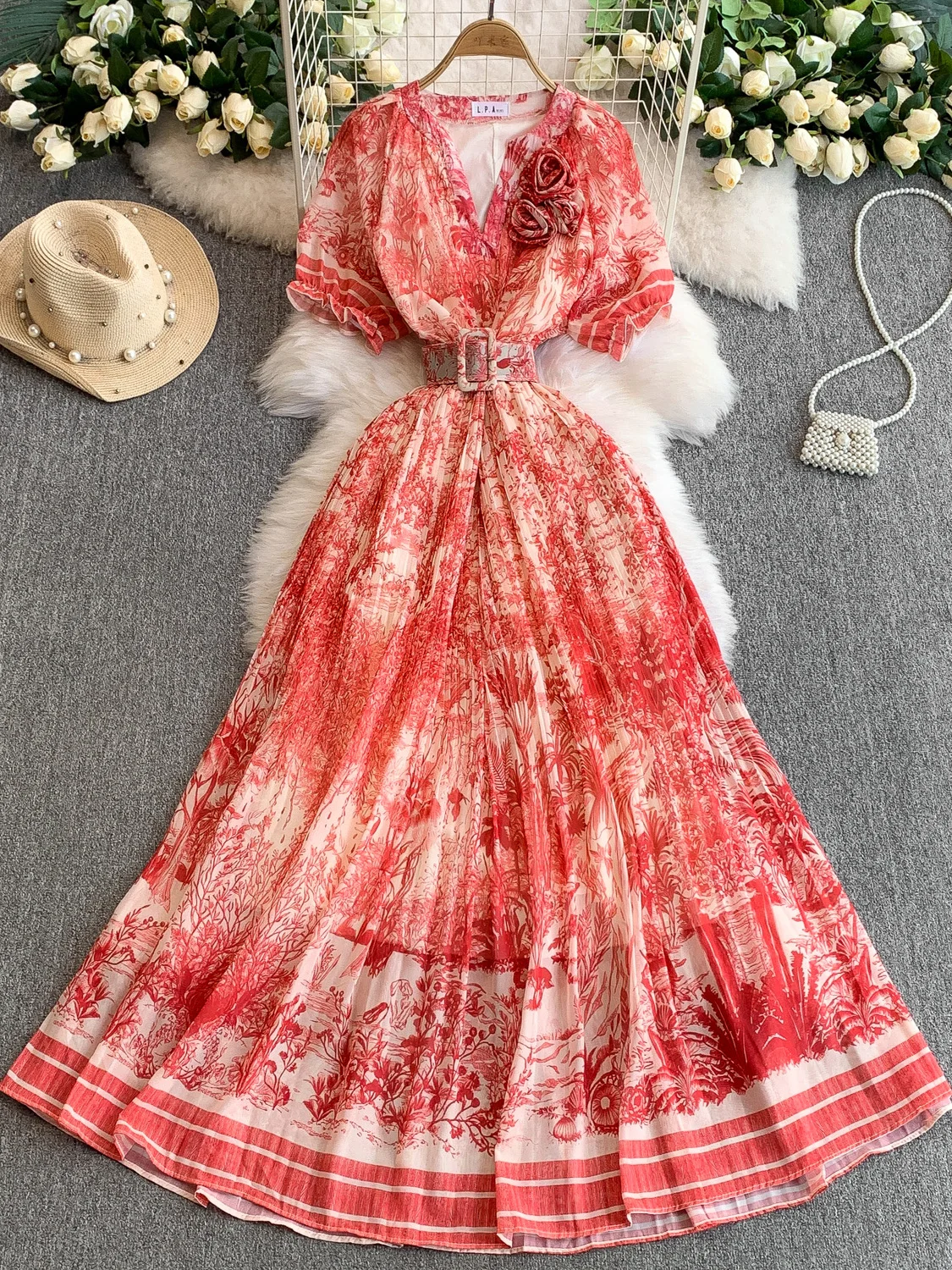 

Ретро-романтическое платье макси с 3D-цветами, V-образным вырезом, пышными рукавами, приталенное, с принтом, в корейском стиле, для повседневной носки, летнее