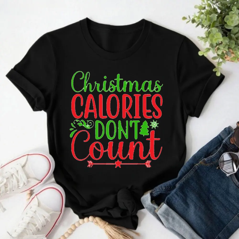 Christmas T-Shirt Xmas Calories Don't Count Funny Slogan Unisex Short Sleeve Tees Funny Print  Round Neck Cute Graphic Tees