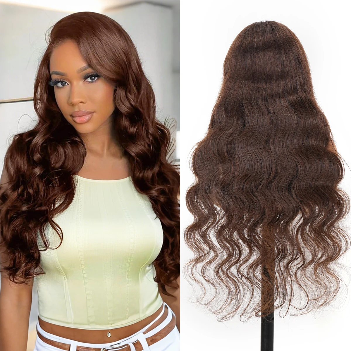 

Шоколадно-коричневый парик с волнистыми волосами, 100% натуральные волосы, 13x4 HD кружевной фронтальный парик, предварительно выщипанный, окрашенный, для женщин