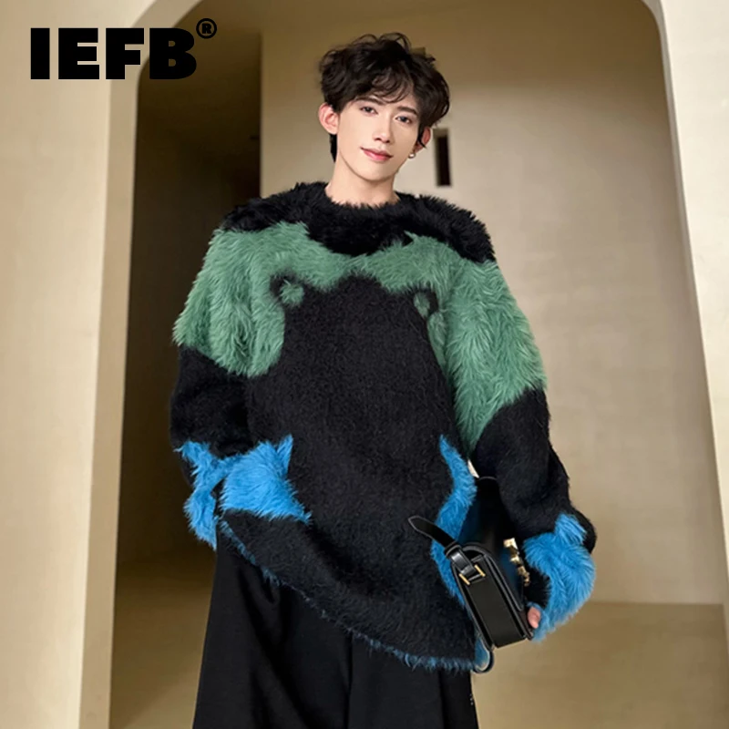 IEFB Niche Design Men\'s Knitting Tops Patchwork Round Neck Loose New Pullover Male Contrast Color Sweaters Personalized 9C8013