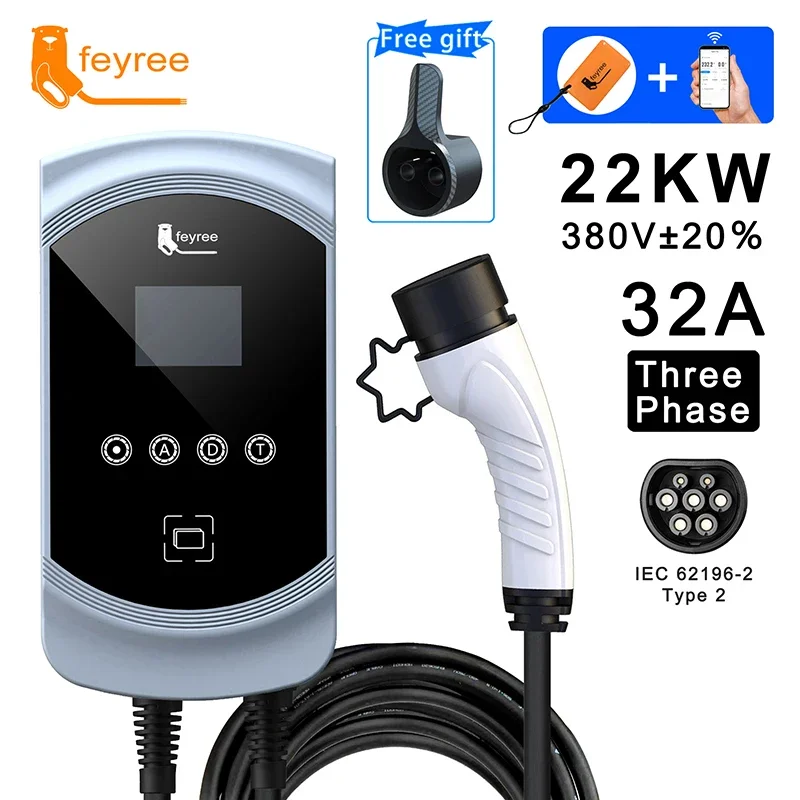 22KW 32A EVSE Wallbox Type2 Cable EV Car Charger Plug 3 Phase Charging Station for Electric Vehicle with Wifi APP Control RFID