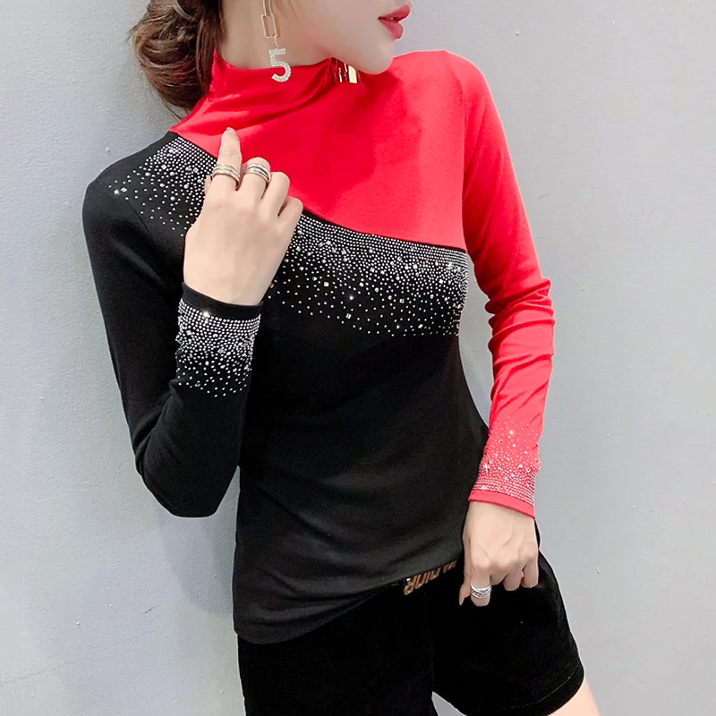 #7918 Green Red Spliced Color Turtleneck T Shirt Women Diamonds Stretch Womens Tee Shirts Korean Style Turtleneck T-shirt Tight