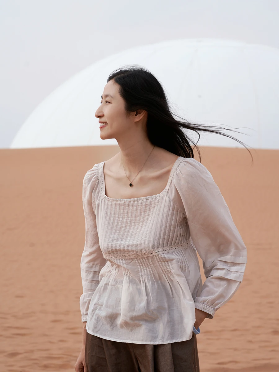 

Freeare Morning Glow Vintage Court Sle Silk Cotton irt Lantern Sve Accordion Pleat Front Ba Collar Women's Top