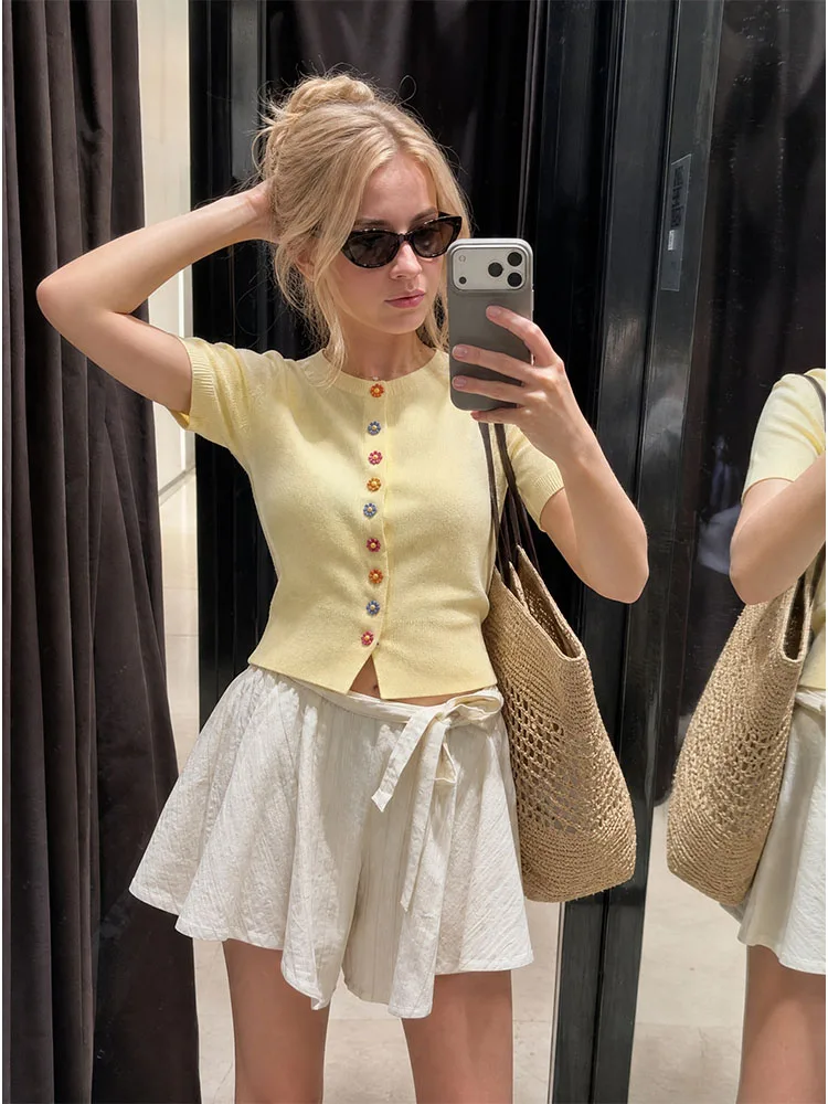 HH Preppy Style Yellow Knit Cardigan Multicolor Flower Buttons Short Sleeve Round Neck Loose Knit Top Daily Casual Vacation Wear
