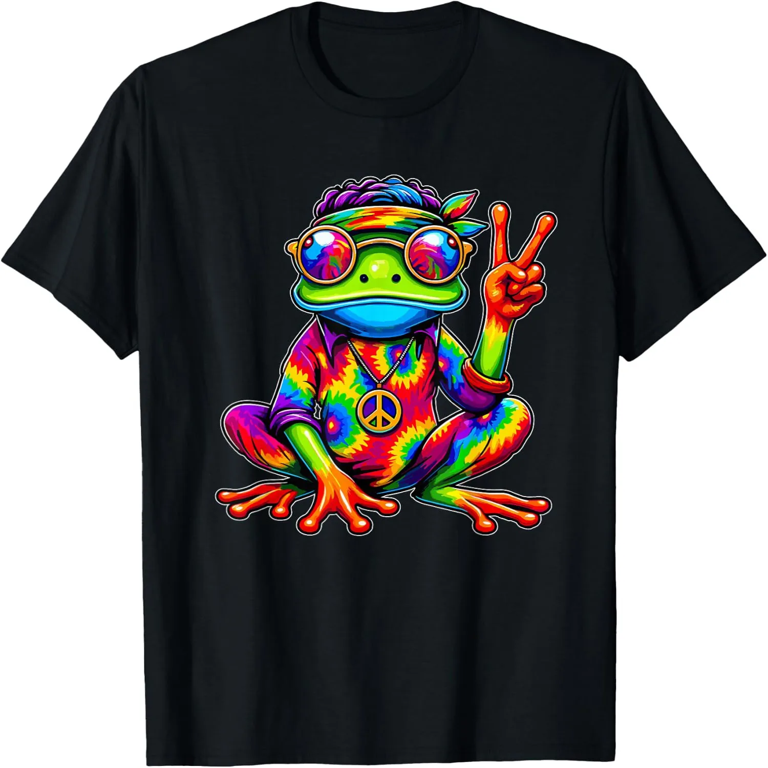 Tie Dye Peace Sign Hippie Rainbow Frog Groovy Graphic T-Shirt