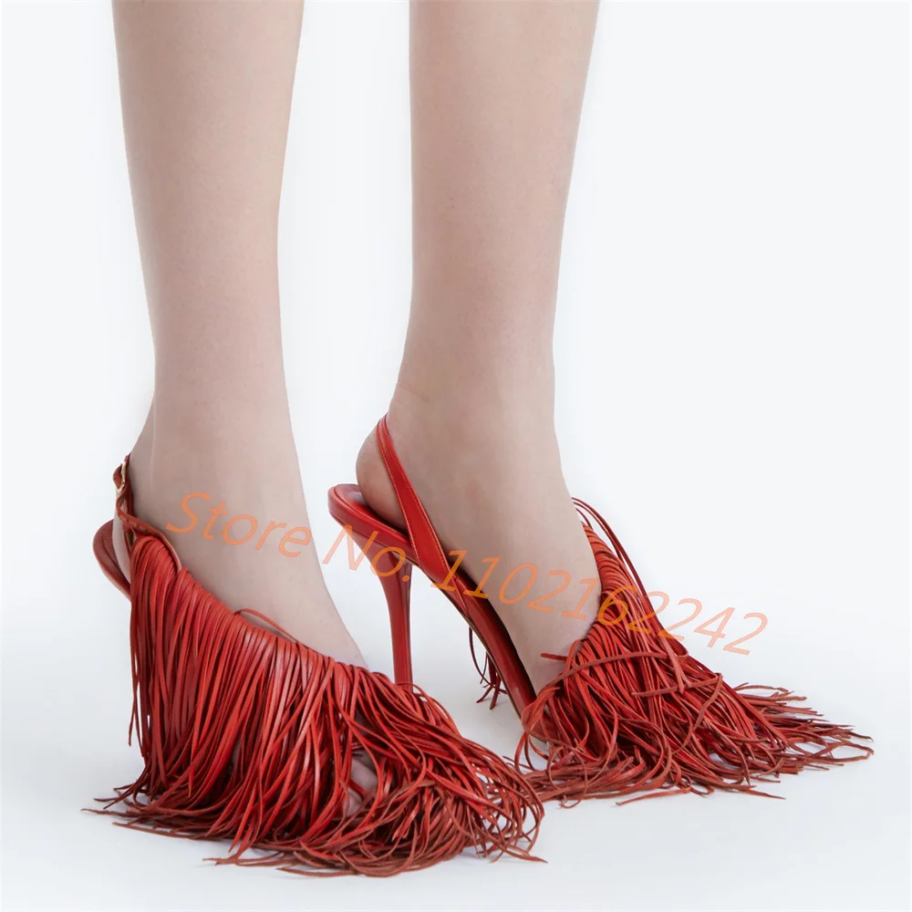 

Red Leather Tassel High-Heeled Women'S Stiletto Buckled Open-Toe Sandals Summer Party Dresses Gladiator Sandals Zapatos Mujer 46