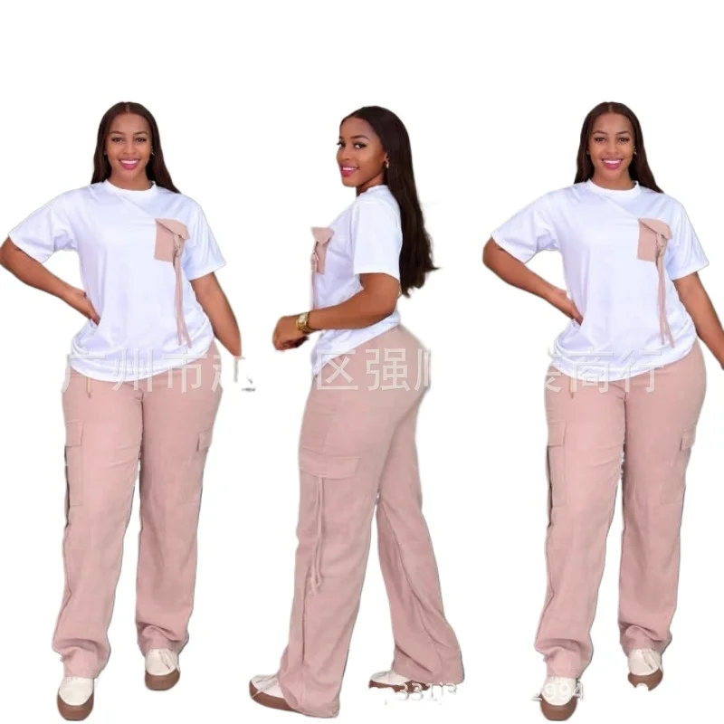 

Customized 2 Pieces Women's Sets 2025 Spring Summer Pocket Pullover Suit Short Sleeve Tops And Pants Suits Two Piece Set Tracksu