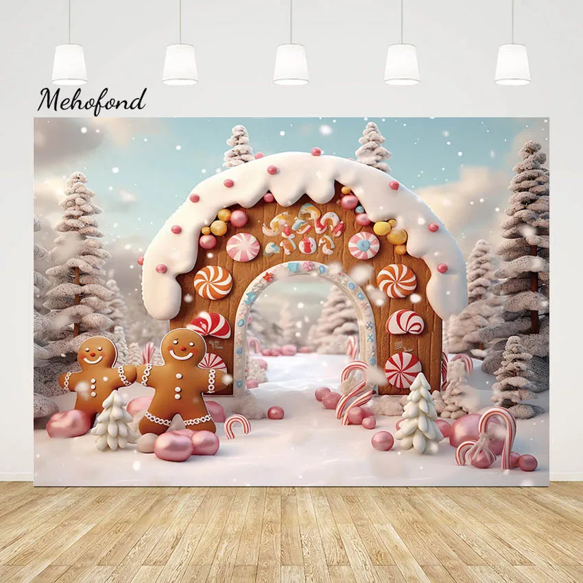 

Mehofond Outdoor Candy Wonderland Photography Background Christmas Arch Door Decor Winter Snow Xmas Tree Photocall Backdrop