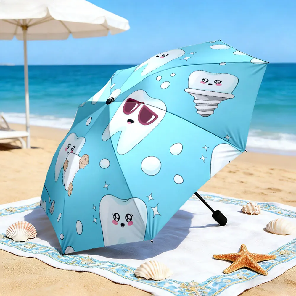 1PC Cute Tooth-Themed Umbrella by the Lake Print 8 Iron Ribs Folding Umbrella Auto-Open Fashion Sunshade