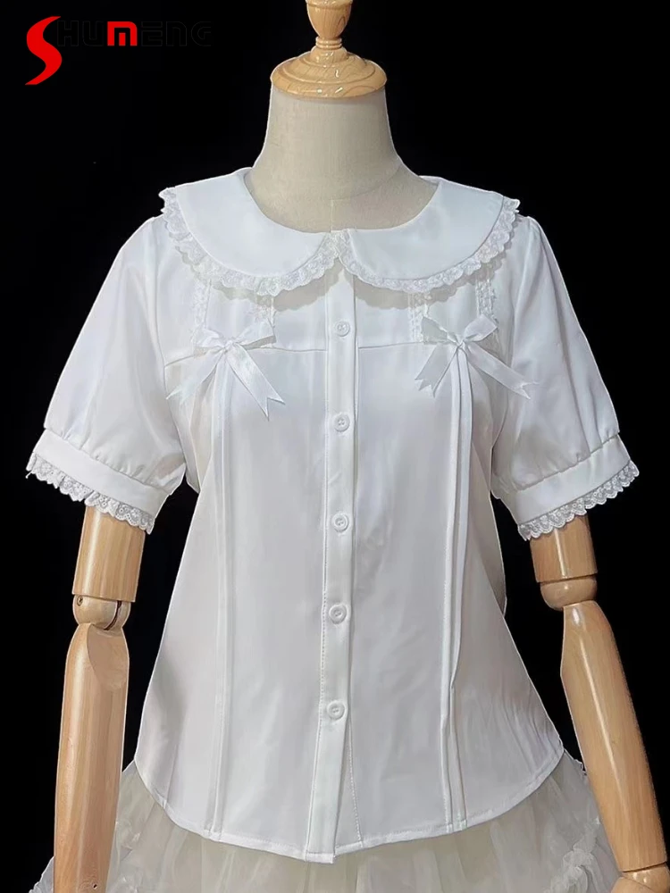 

Japanese Style Lolita JK Inner Blouse Lace Stitching Doll Collar Short Sleeve Single-Breasted Sweet Cute White Shirt Top Women