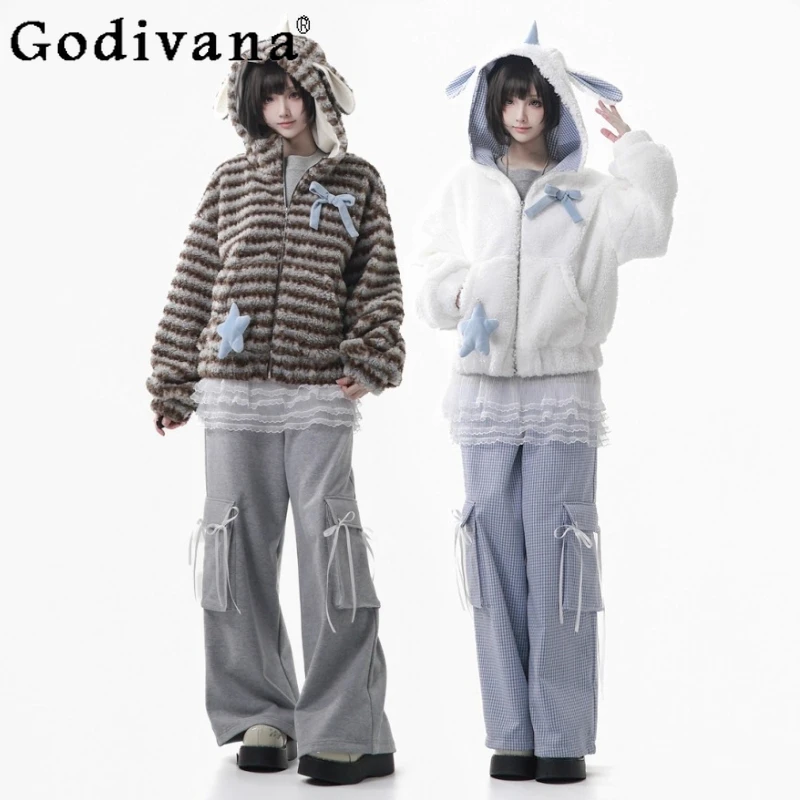 

Original Winter New Y2K Faux Fur Jacket College Style Student Sweet Cool Fashion Hooded Plush Coat Pants Long Sleeve Top Set