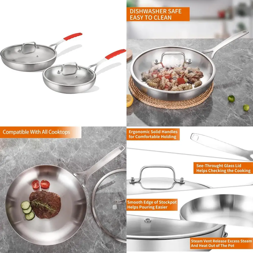 

Stainless Steel Tri-Ply Frying Pan Set with Lid, 8 and 10 Inch Induction Skillets, Chef's Kitchen Cookware Set for Pan, Pots, an