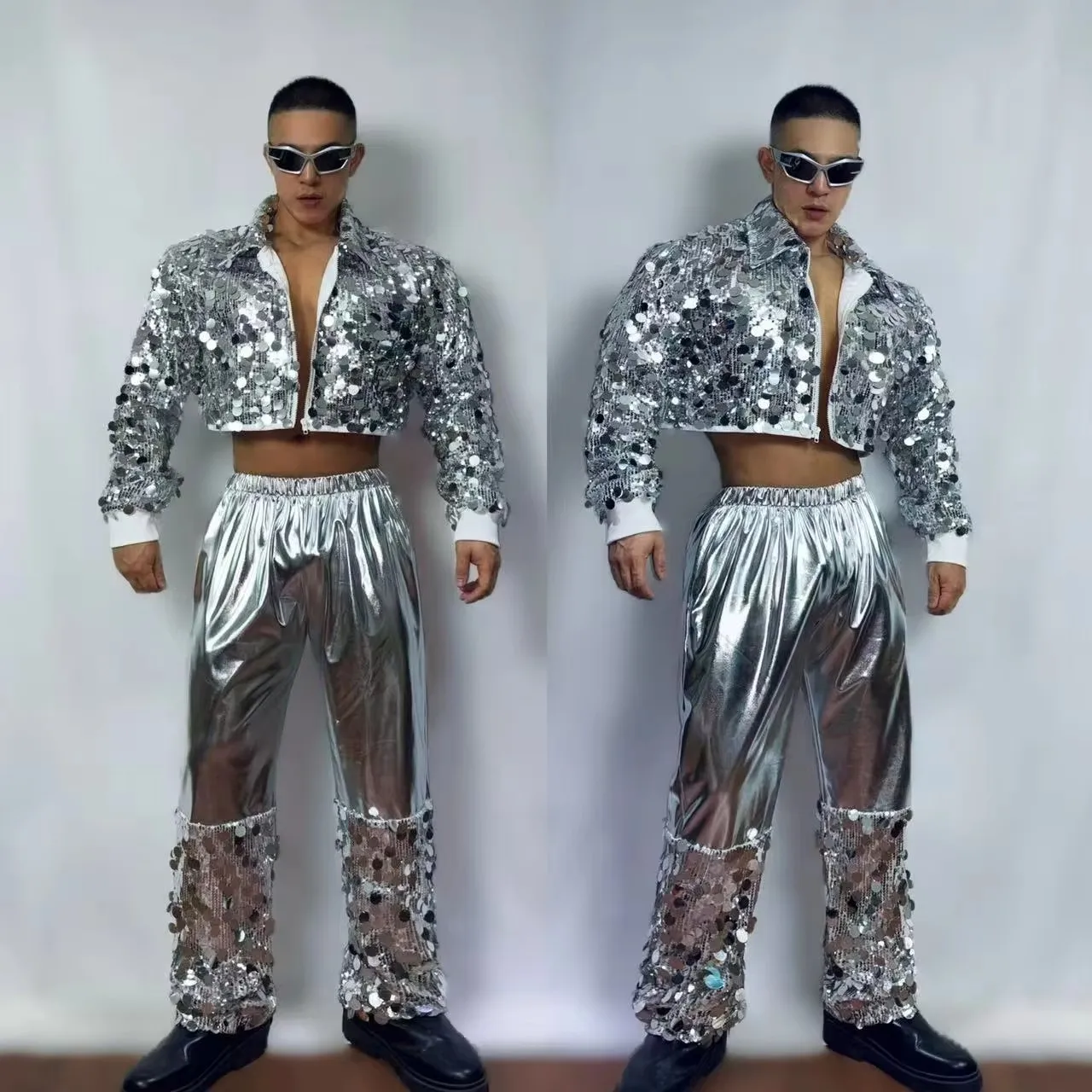 

Men's Silver Laser Jacket Pants Set Shiny Sequins Jazz Hip Hop Dance Outfit for Nightclub Bar Street Party Costume 2 Pieces Male