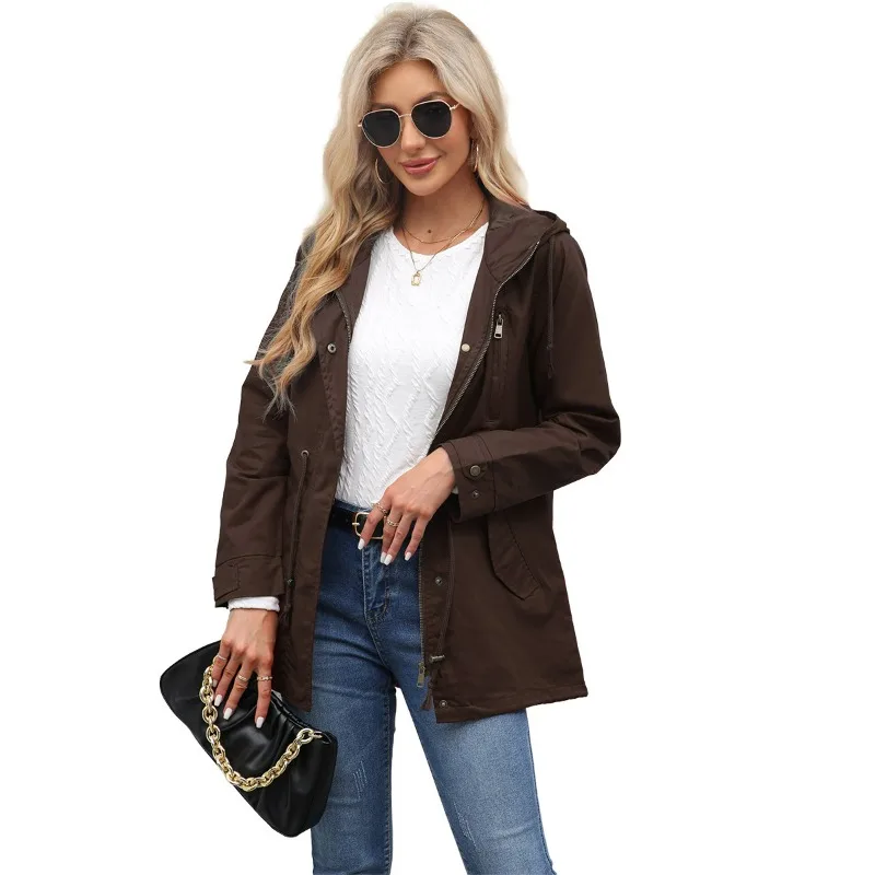 Women Trench Coat Windbreaker Zip Up Jacket With Pockets Casual Long Sleeve Outwear with Waist Drawstring