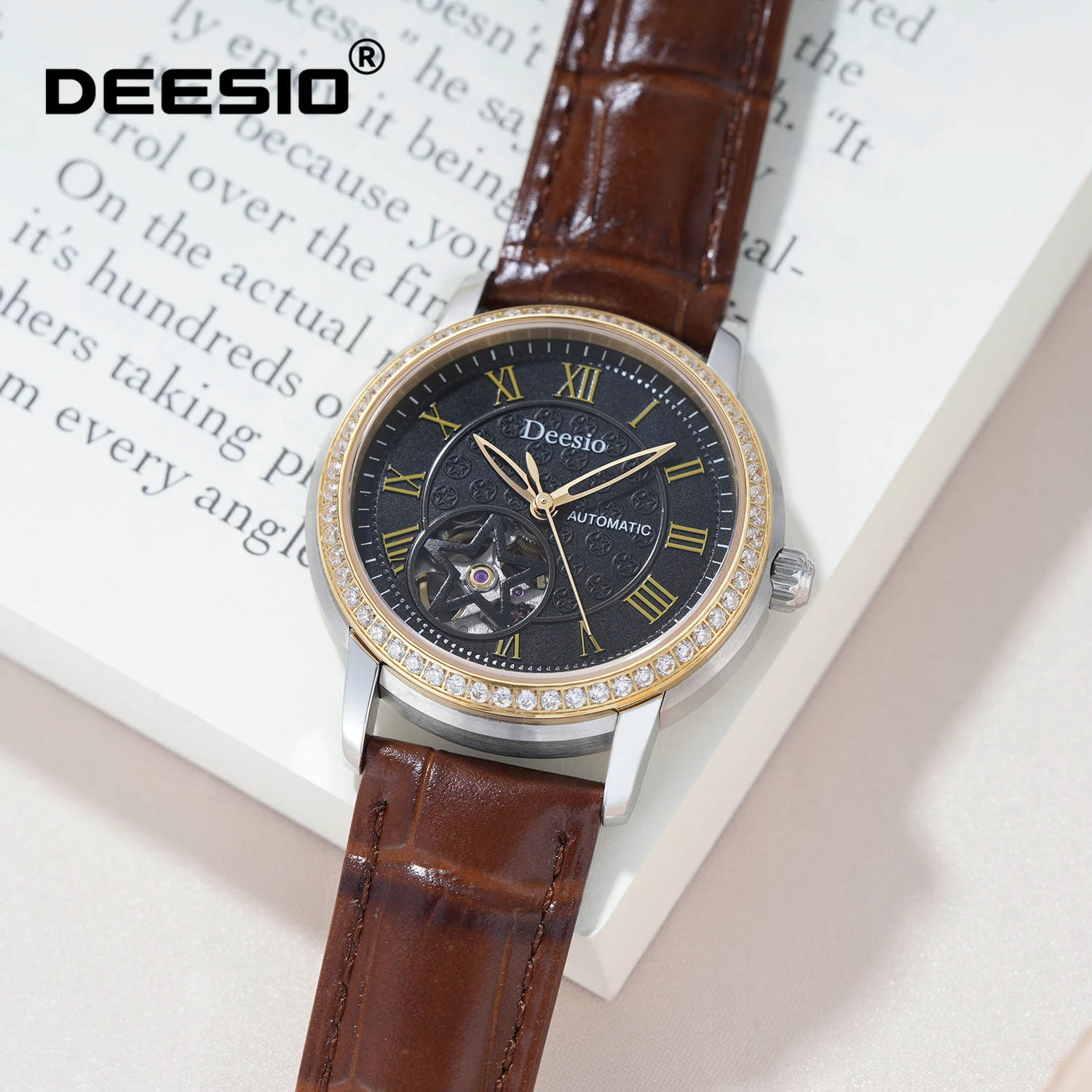 Deesio Luxury Automatic Women's Watch Skeleton Dial Stainless Steel 50M Waterproof Mechanical Wristwatch Fashion Gift for Women