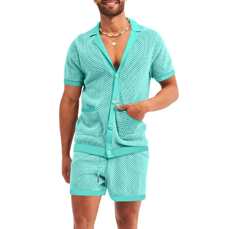 2026 Sommer Herren Ausgehöhltes Dünnes Zweiteiler-Set: Kühles, Atmungsaktives Kurzarm-Oberteil mit Passenden Shorts – Lässiges Alltagsoutfit im lockeren Schnitt – Detail 30