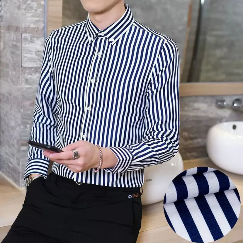 قميص رجالي مخطط بأكمام طويلة، بدون كي، مريح ومسامي، ملابس ربيعية جديدة، قميص عمل كاجوال فاخر للرجال.